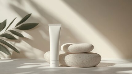 Wall Mural - A serene product mockup featuring a white cream tube and packaging box placed on smooth stone, with a light beige background creating a calming atmosphere.