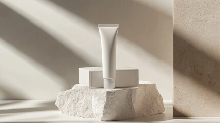 Wall Mural - A beautiful product photo of a white cream skincare tube and box on stone, with a minimalist light beige background adding sophistication.