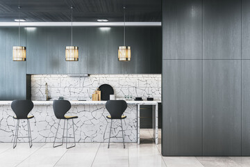 Poster - Contemporary kitchen interior with dark cabinets, marble counter, and stylish lighting. 3D Rendering