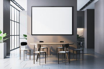 Poster - Modern dining room with wooden table and chairs, featuring large blank frame on dark wall. 3D Rendering