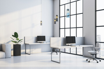 Poster - Modern office interior with large windows and city view. 3D Rendering