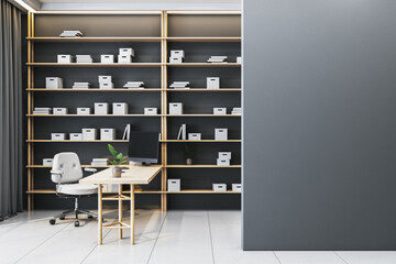 Aufkleber - Modern minimalist office interior with wooden desk and bookshelves. 3D Rendering