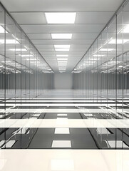 Poster - Bright White Modern Corridor with Reflective Glass Walls and Geometric Design