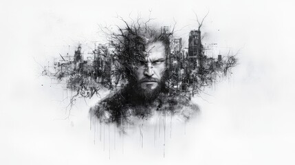 Aufkleber - Urban portrait of a man blending with cityscape digital art contemporary environment artistic viewpoint