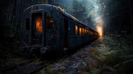 Aufkleber - Mysterious abandoned train enchanted forest photography dark environment side view eerie atmosphere