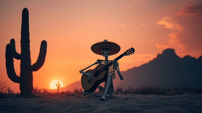 A skull and a guitar in a sombrero, Cinco De Mayo, Mexican Halloween dancing scull with guitar, Mexican Hip Hop x Boom Bap, Traditional Day Of The Dead Mariachi Skeleton, Generative Ai
