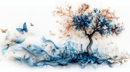 Aufkleber - Artistic representation of nature and city life urban environment digital artwork serene view harmony concept
