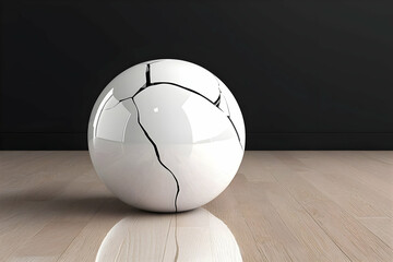 Poster - Cracked White Glossy Sphere on Beige Floor Against Dark Background