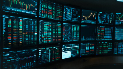 Poster - Financial Data: A network of screens displays intricate financial data, charts, and graphs. capturing the essence of modern finance and stock market analysis.
