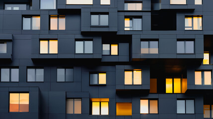 Poster - Modern Architectural Facade: A stunning close-up of a contemporary building facade, its dark exterior punctuated by a grid of rectangular windows, bathed in a warm, inviting glow.