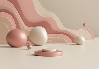 Fototapete - Abstract composition of spheres and waves in soft pink and beige tones