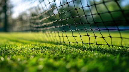 close-up shot of green grass with a blurred net in the background. it's perfect for sports, recreati