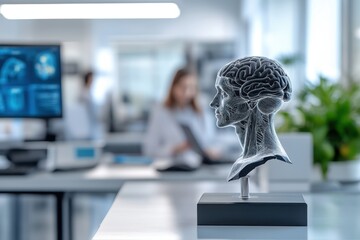 Poster - A detailed brain sculpture displayed in a modern research lab during the afternoon hours