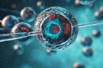 Poster - Cells are shown transforming under microscopic observation in a colorful laboratory environment