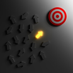 Fototapete - One glowing light arrow go to the bright side goal target amongs dim arrows stand out from the crowd in the dark room background leadership and different business creative idea concepts 3D rendering