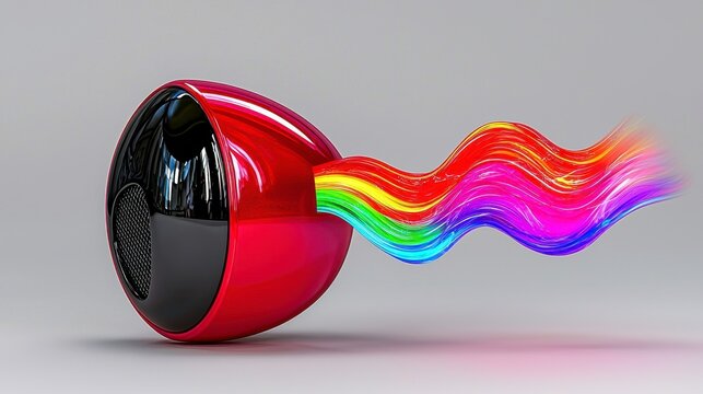 Reflective Red Sphere with Rainbow Light Trail on Gradient Background Abstract