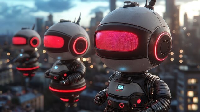 Three Small Robots Flying Over City at Dusk