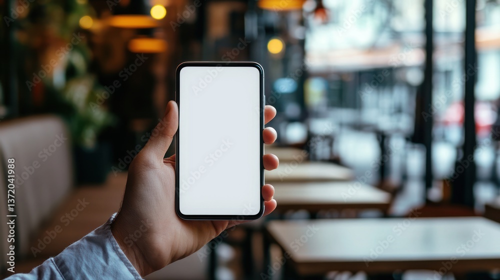 Empty smartphone screen held in hand, cafe background