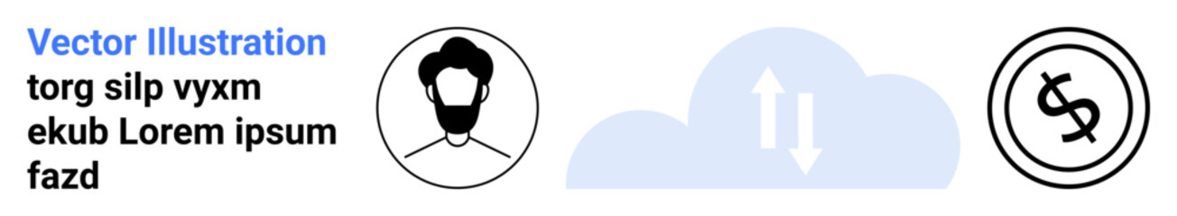 User profile, cloud data transfer arrows, and dollar exchange icon. Ideal for concepts thumbs up finance, online transactions, networking, cloud storage, business, technology abstract line flat