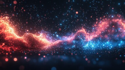 Poster - an abstract cosmic landscape displaying a stream of vibrant glowing particles in red and blue against the darkness a visually striking depiction
