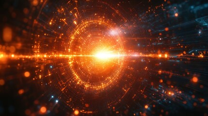 Poster - abstract digital space showcasing complex glowing orange and blue network with bright central flare for technology and innovation themes