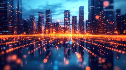Poster - futuristic cityscape reflecting digital streams creating an immersive experience of interconnected data in a technologically advanced metropolis