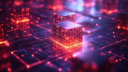 Poster - illuminated digital cubes with glowing lines depicting advanced technology and futuristic network infrastructure for high tech innovation
