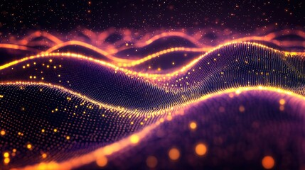 Poster - glowing particle waves flowing across a dark landscape creating a dreamy atmosphere and futuristic feel with vibrant orange and purple hues