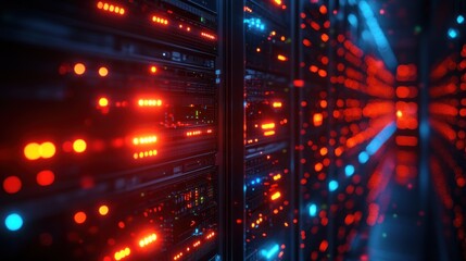 Poster - server room filled with the rhythmic pulse of data transmitting in streams of light showcasing modern technology infrastructure for connectivity