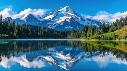  Stunning view of Mount Rainier with snow-capped peak reflecting in clear blue sky, surrounded by lush forests and a calm serene lake, picturesque landscape.