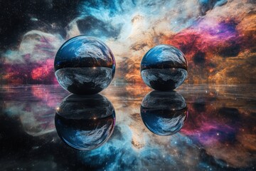Poster - Mystical spheres reflect Earth against a vibrant cosmic background in a surreal environment