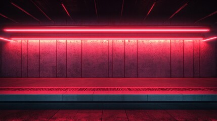 Fototapete - a red neon light shines in a dark room