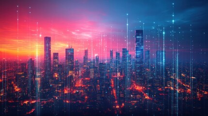 Poster - futuristic cityscape with glowing data streams a vibrant blend of technological advancement and urban connectivity at twilight