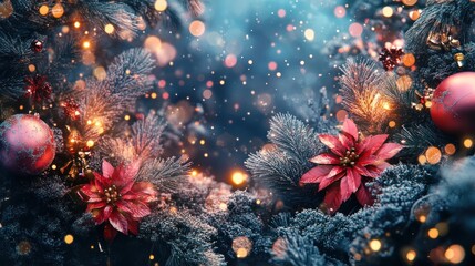 Poster - festive christmas backdrop showcasing ornate ornaments and sparkling lights amidst frost kissed pine branches creating a warm yuletide ambiance
