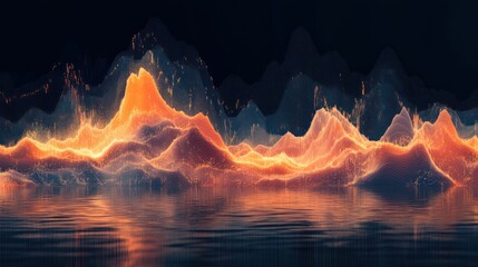 Poster - abstract luminous landscape with fractal mountain range reflected in a tranquil sea showcasing digital art innovation and futuristic concept
