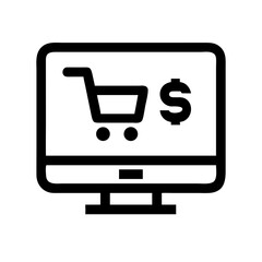 Poster - Black outline computer monitor icon with shopping basket isolated on white background for ecommerce websites,online shopping blogs and digital retail illustrations.