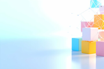 Fototapete - Pastel Geometric Cubes Ascending with White Background and Network Connection