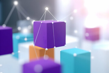 Fototapete - Purple Cube Floating Above Other Geometric Shapes in a Digital Background