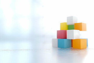 Fototapete - Stack of Multicolored Cubes on Reflective Surface in a Light White Background