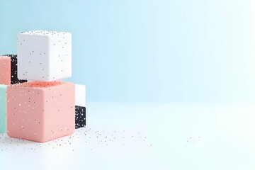Fototapete - Stack of Pastel Geometric Cubes with Black Glitter on Light Blue Background