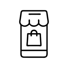 Poster - simple black and white line icon of an online shop, depicted as computer monitor with an awning and door for websites,apps, and blogs discussing e-commerce,online shopping,retail,and internet commerce