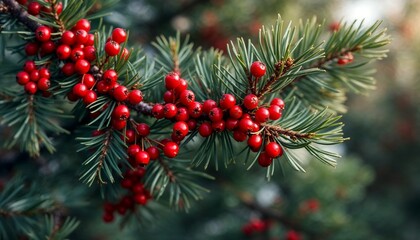 Red Berries Growing on Pine Tree Branch a Holiday Nature Scene