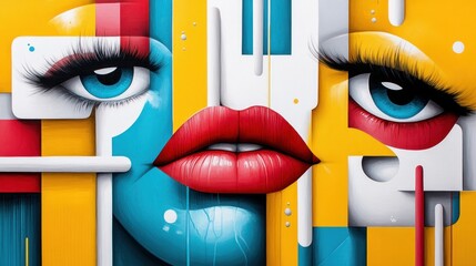Poster - Vibrant abstract portrait of a woman's face featu bold colors and geometric shapes creating a modern art piece.
