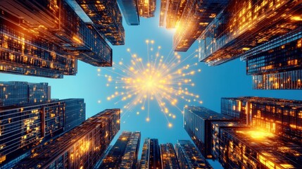 Fototapete - A vibrant firework explosion bursts above a dense cityscape at night illuminating towe skyscrapers.
