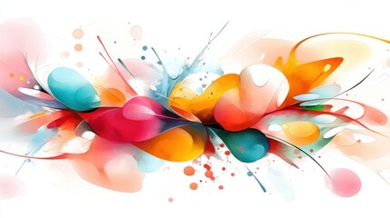 Aufkleber - An abstract colorful painting of vibrant fluid shapes and splatters on white background.