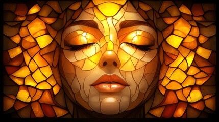 Aufkleber - A serene woman's face is artistically depicted in a mosaic of warm golden and amber hues.