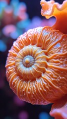 Poster - Vibrant Close-up of a Nautilus Shell with Spiral Pattern and Colorful Hues in Magical Light Background for Natural Art and Design Inspiration