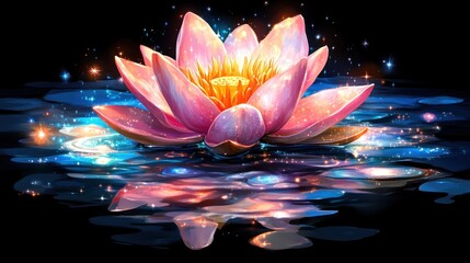 Poster - A luminous pink water lily floats serenely on dark water reflecting shimme starlight and magical energy.