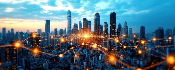 Poster - A futuristic cityscape at sunset showcases interconnected glowing network nodes linking modern skyscrapers.
