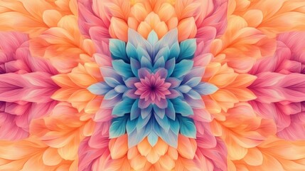 Poster - A vibrant symmetrical floral design features peach pink and teal petals in a kaleidoscopic pattern perfect for textile prints.